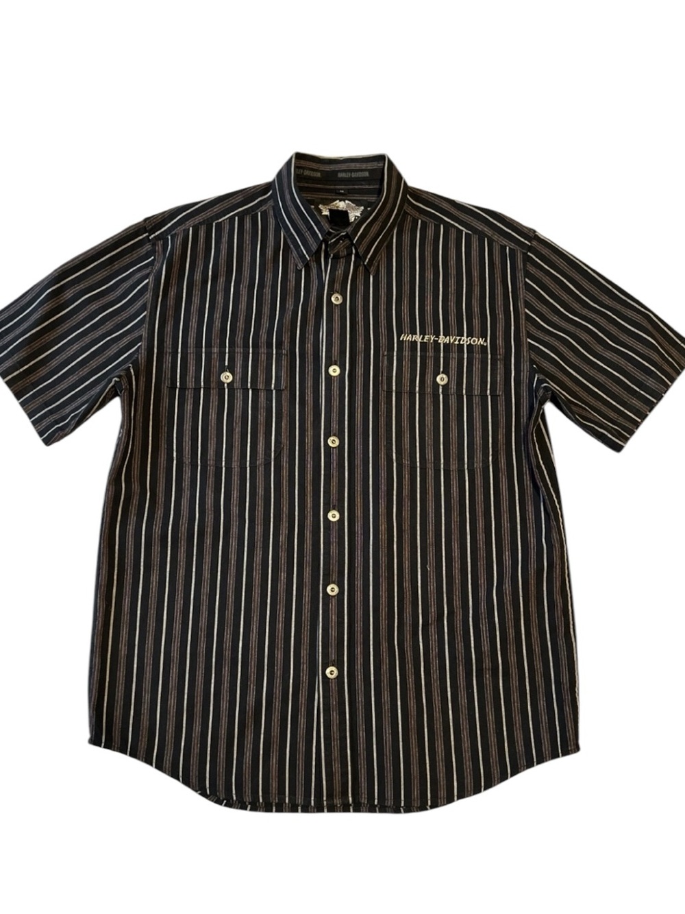 Harley-Davidson Men’s Striped Short Sleeve Button-Up Shirt Large Embroidered